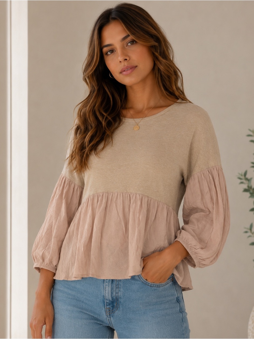 H.I.P. Beige Babydoll Peplum Top Size Small Oversized Boho Puff‎ Sleeve